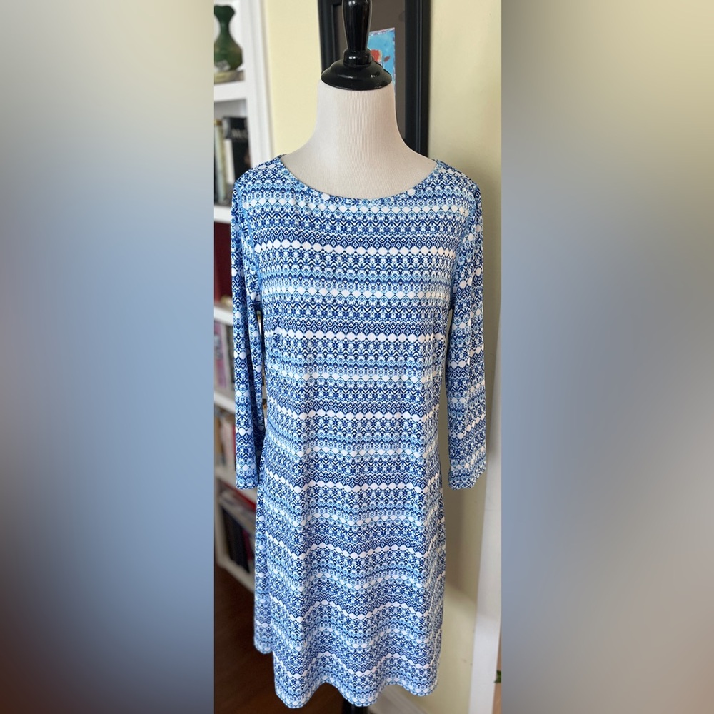 NWT Cabana Life Dress SPF Blue and White Patterned Stripes Jersey Stretch SZ M